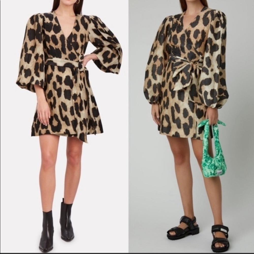 Ganni linen and silk voile leopard print mini dress